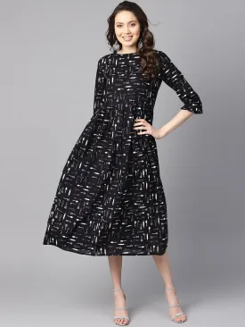 Quirky Spoon Print Box Pleated Dress With Frilled Sleeves