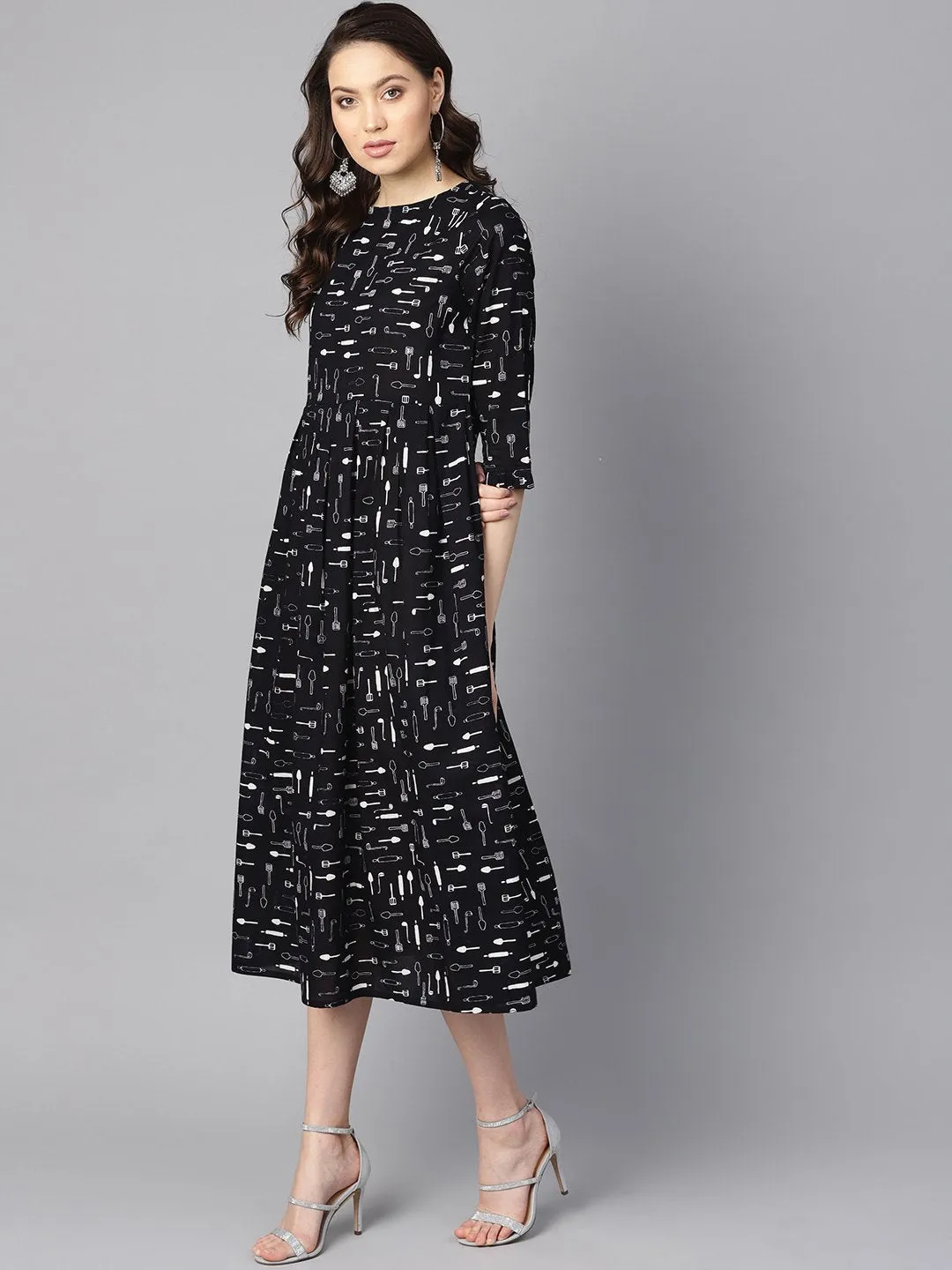 Quirky Spoon Print Box Pleated Dress With Frilled Sleeves