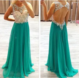 See Through Open Back Green Chiffon Beaded Long A Line Backless Sexy Women Prom Dresses