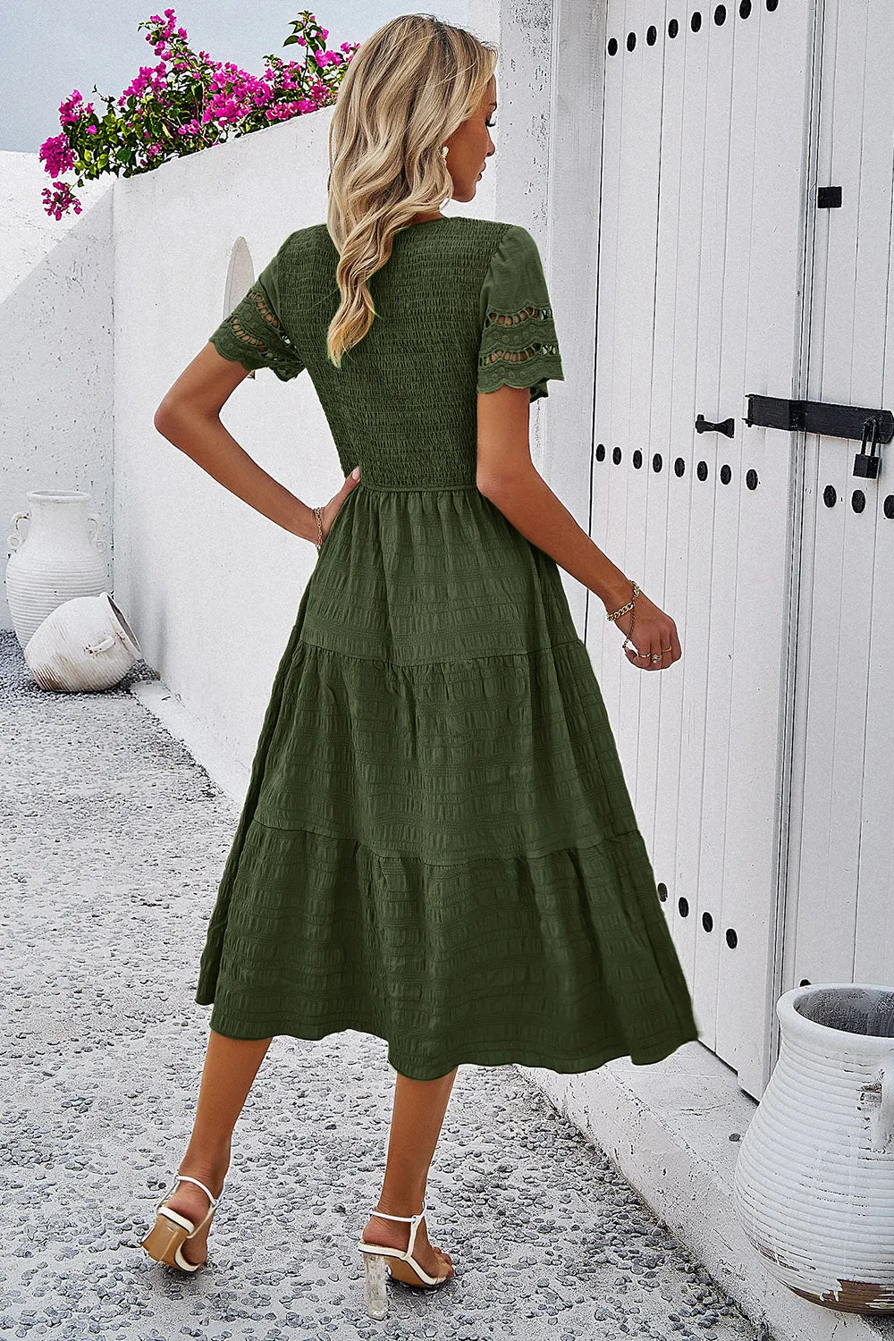 Smocked Round Neck Short Sleeve Midi Dress