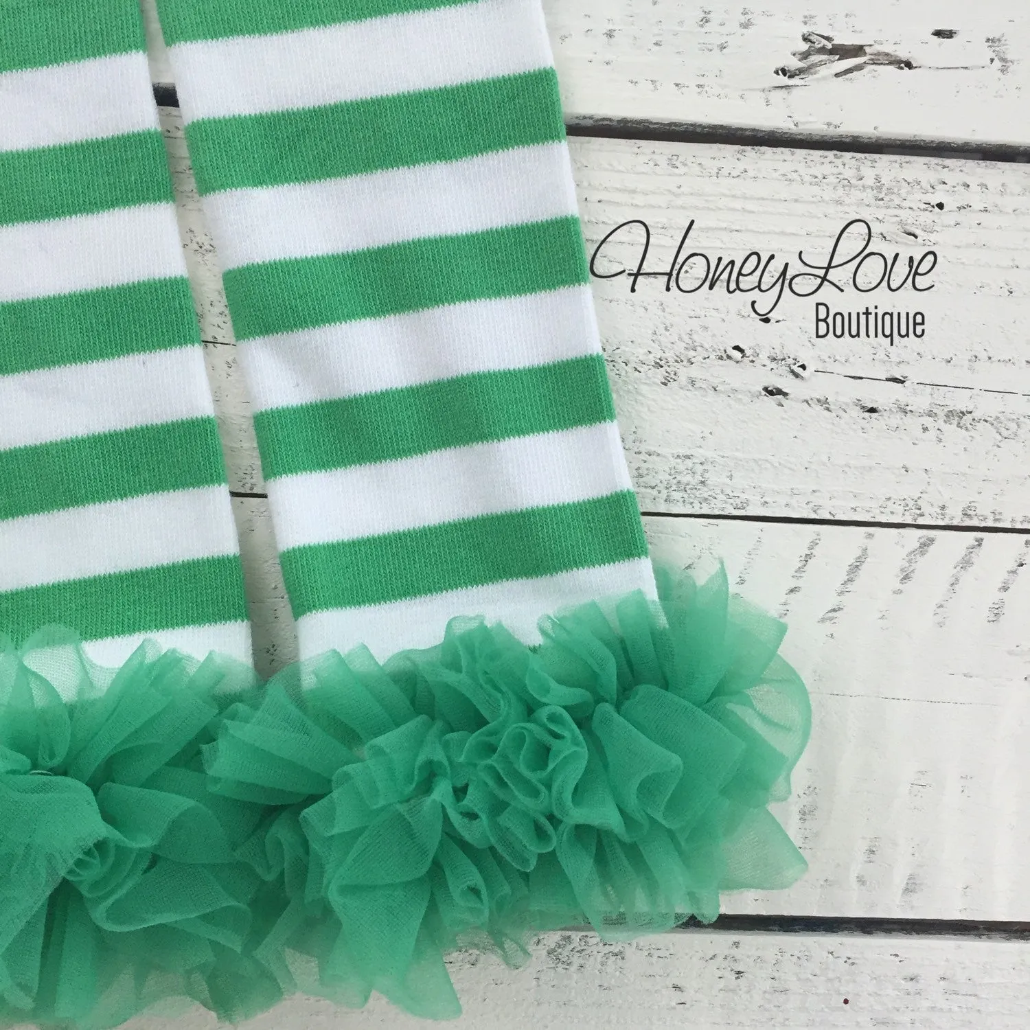 St. Patrick's Day Green/White//Stripe Shamrock leg warmers with green ruffles