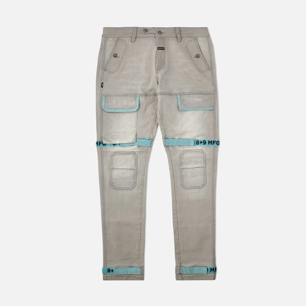 Strapped Up Slim Grey Washed Denim Jeans Teal