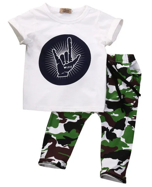 Stylish Infant Toddler Baby Kids Boys Outfits Babies Boy  Rock Gesture Tops T-shirt  Camouflage Pants Outfit Set Clothes