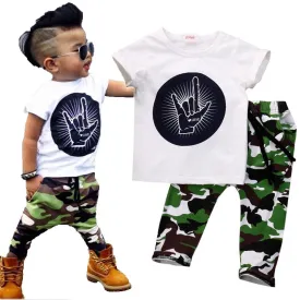 Stylish Infant Toddler Baby Kids Boys Outfits Babies Boy  Rock Gesture Tops T-shirt  Camouflage Pants Outfit Set Clothes