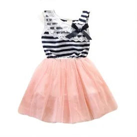 Summer New Fashion Cute Dress 2-6Y Kids Girls Stripe Lace Tutu Dress Brace Bowknot Ruffle Tulle Baby One-piece Dresses