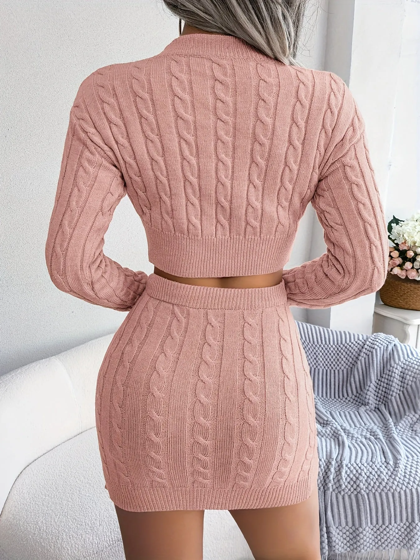 Two-Piece Bodycon Cable Knit Skirt Suit - High-Elasticity Viscose Fabric, Long Sleeve Crop Top, High-Waisted Slim Skirt, Solid Color, Hand Washable, Fall/Winter Casual Wear for Women