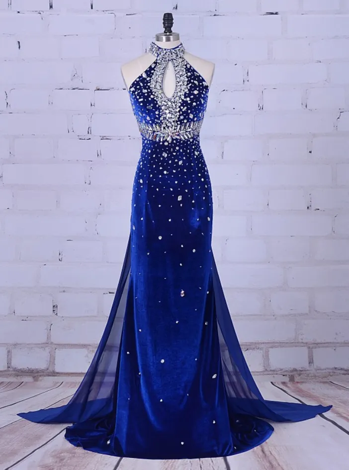 Velvet Prom Dresses High Neck Crystal For Formal Dress Women Wedding Party