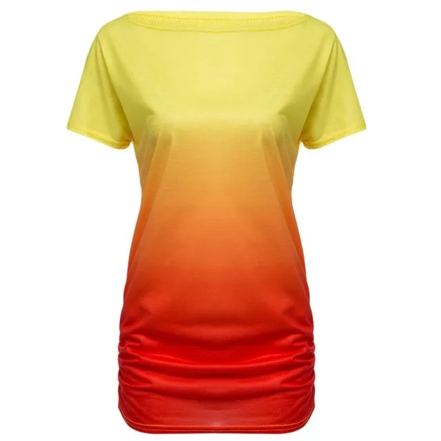 VESTLINDA Summer Women Tops Dye Print Tee Shirts Short Sleeve Gradient Color Casual One Shoulder Slash Neck Loose T Shirt Top