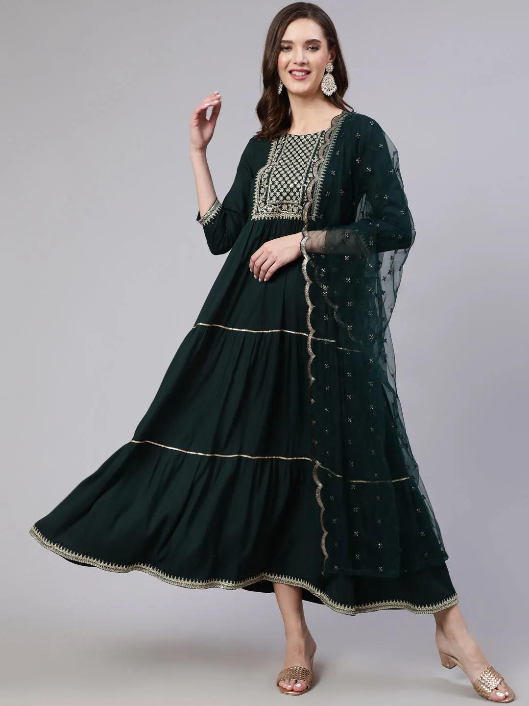 Wome Green Embroidered Flared Dress With Net Dupatta