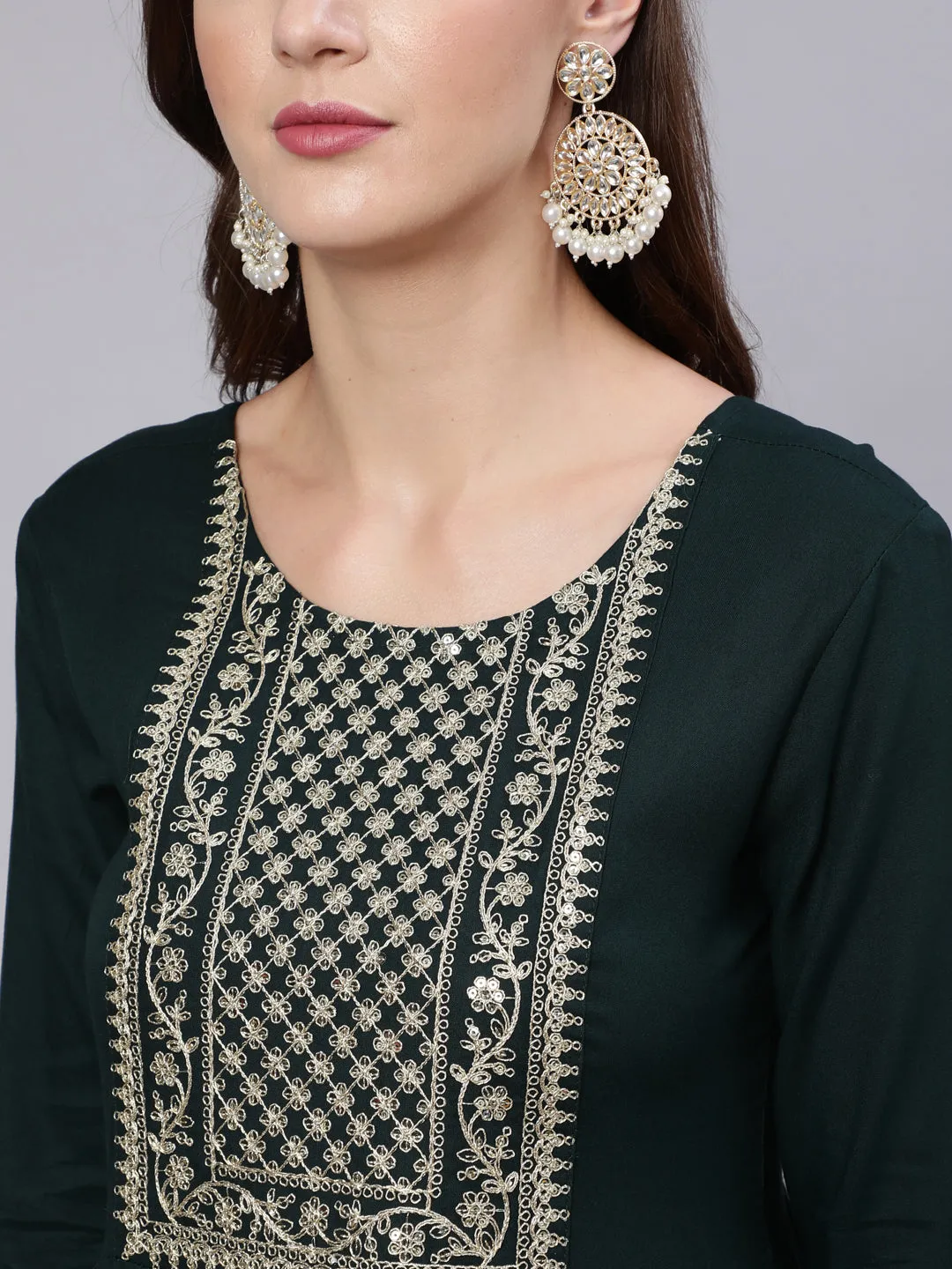 Wome Green Embroidered Flared Dress With Net Dupatta