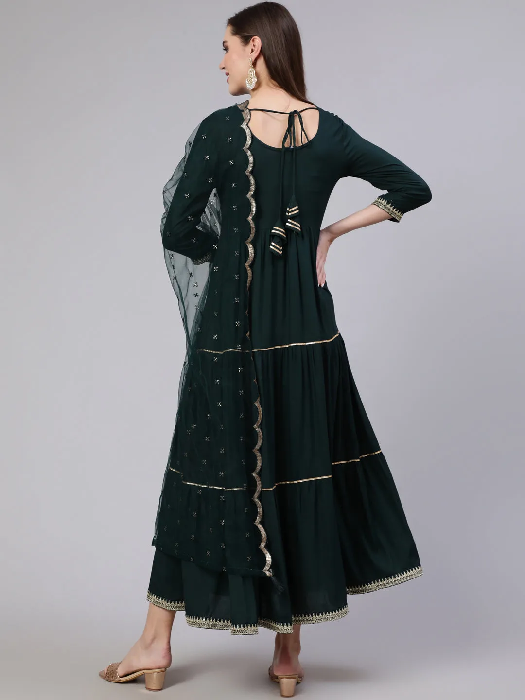 Wome Green Embroidered Flared Dress With Net Dupatta