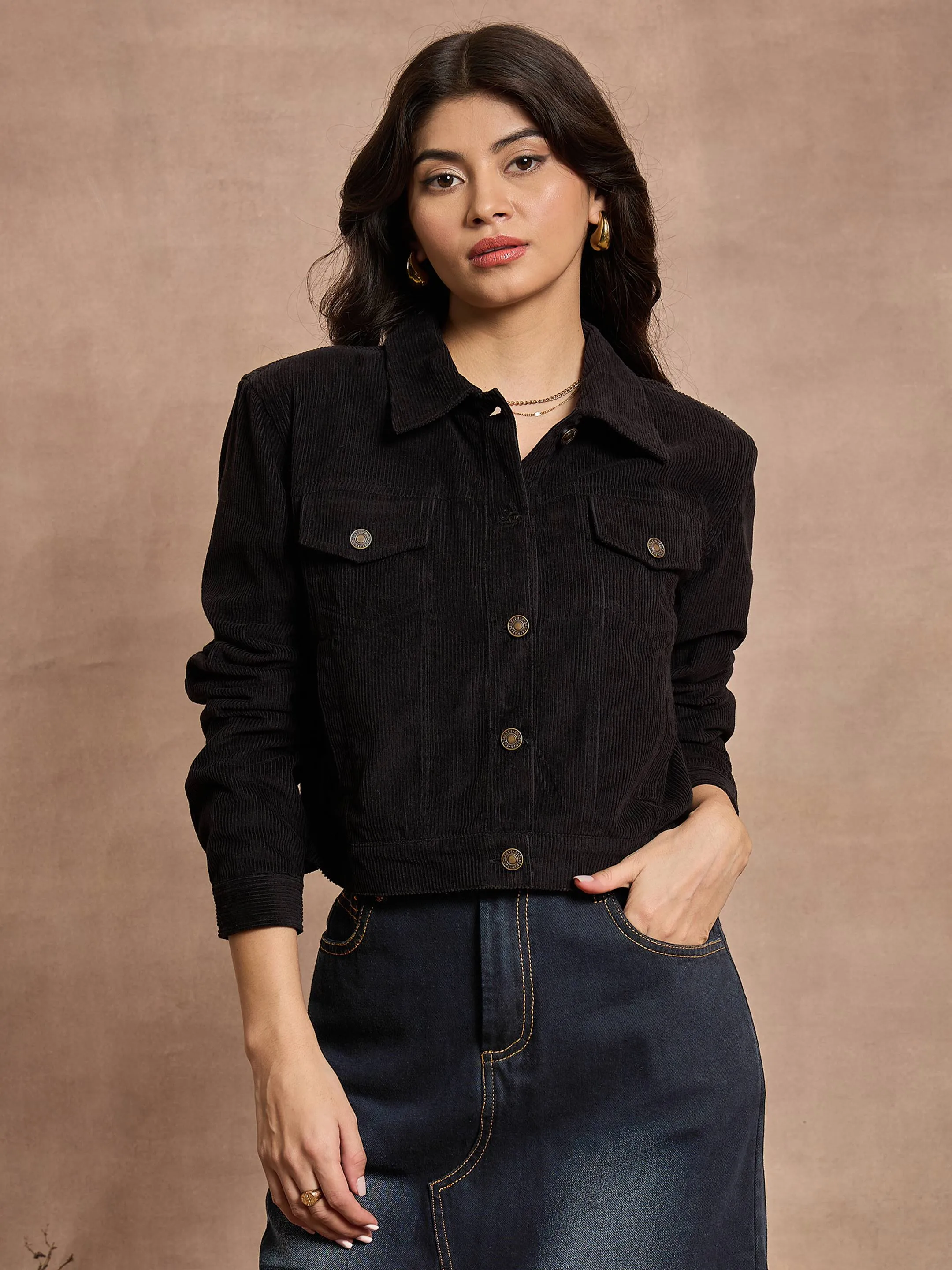 Women Black Corduroy Full Sleeve Jacket