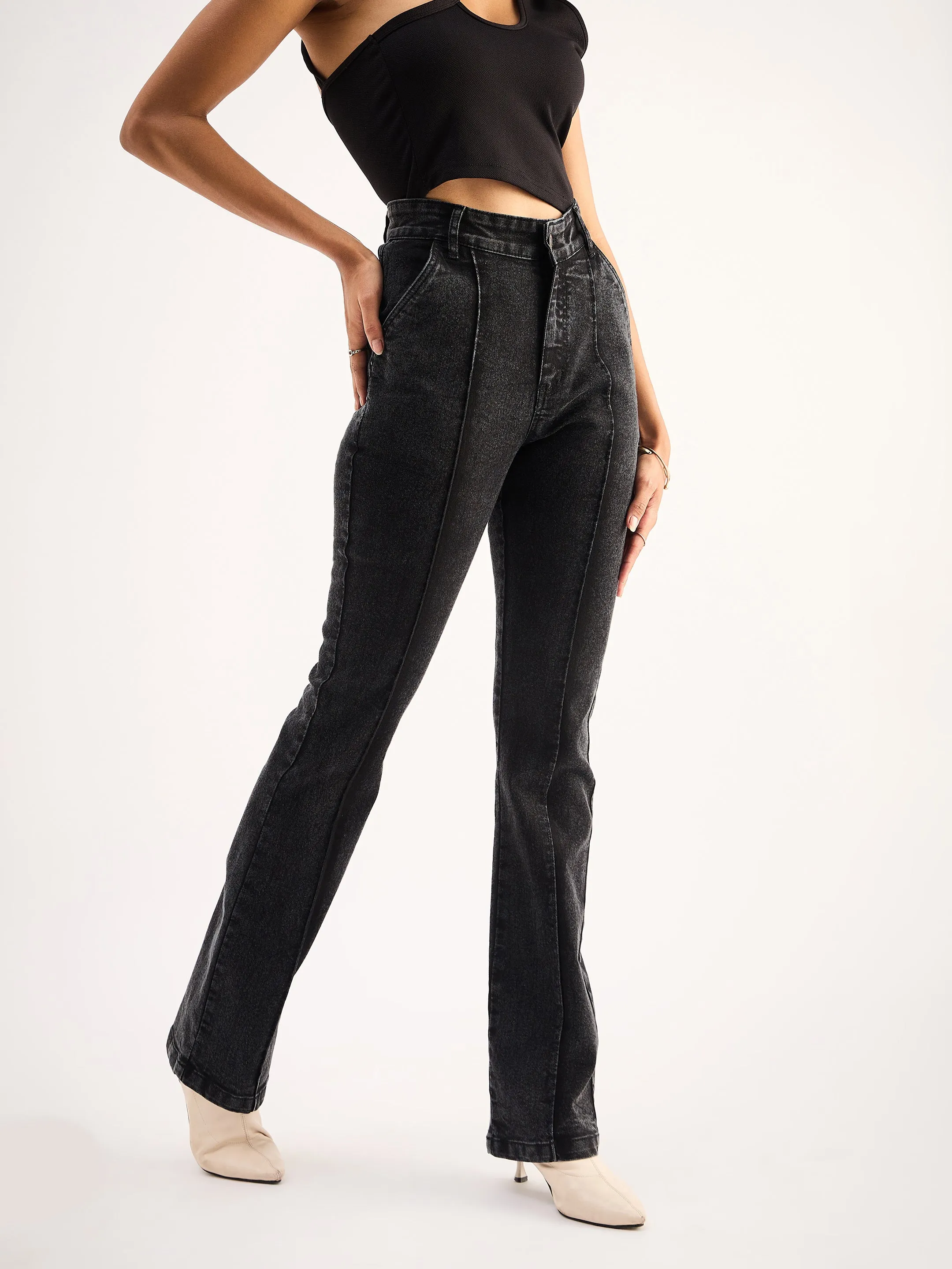 Women Black Mid Rise Boot Cut Jeans