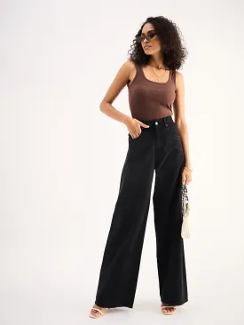 Women Black Seam Detail Wide Leg Jeans