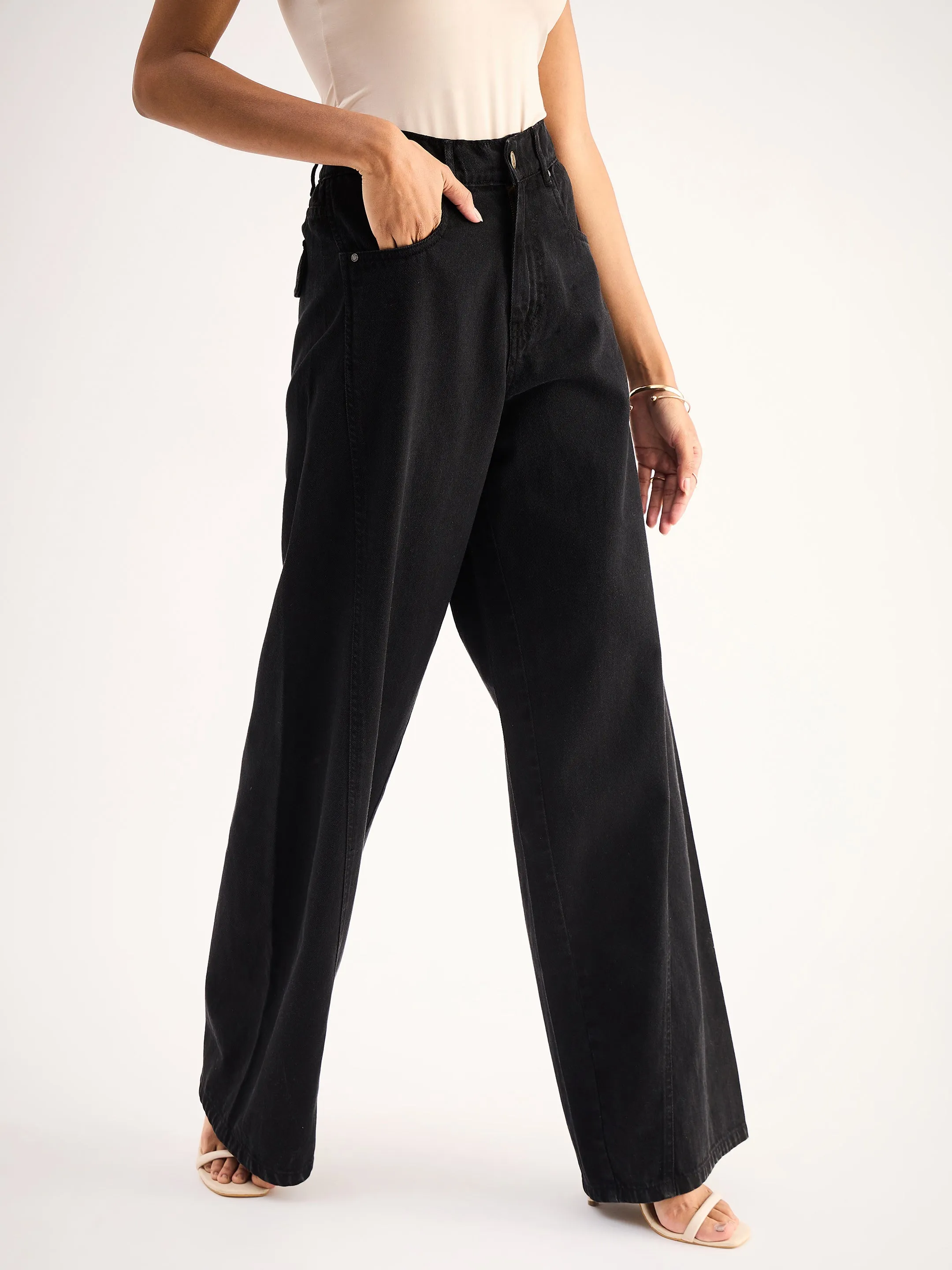 Women Black Seam Detail Wide Leg Jeans