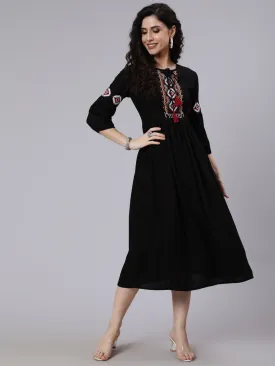 Women Black Solid Embroidered Yoke Design Dress