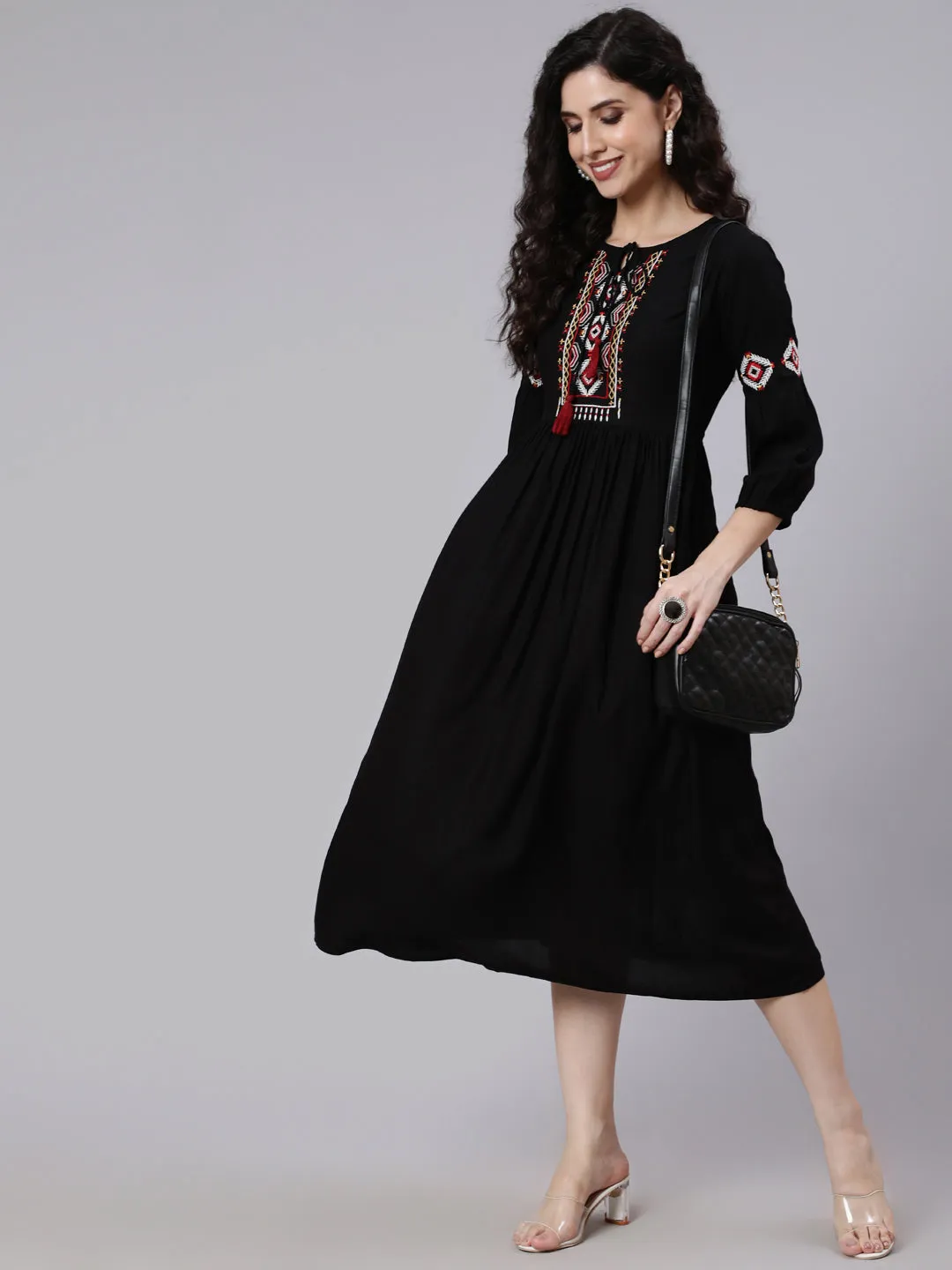 Women Black Solid Embroidered Yoke Design Dress