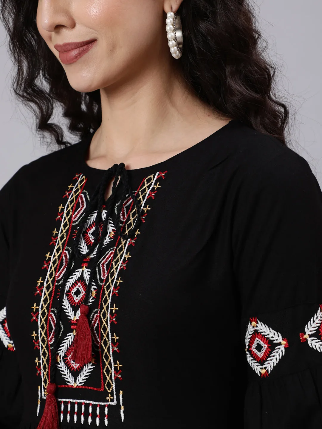 Women Black Solid Embroidered Yoke Design Dress