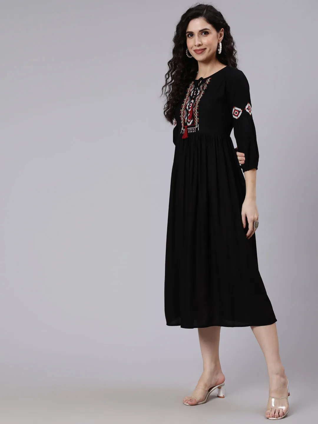 Women Black Solid Embroidered Yoke Design Dress