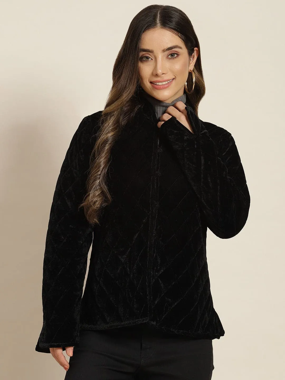 Women Black Velvet Full Sleeve Quilted Jacket