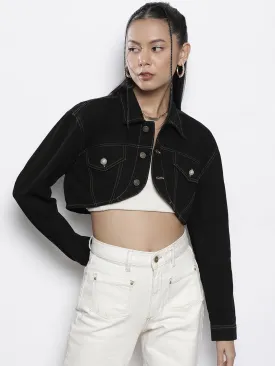 Women Black Washed Denim Crop Jacket