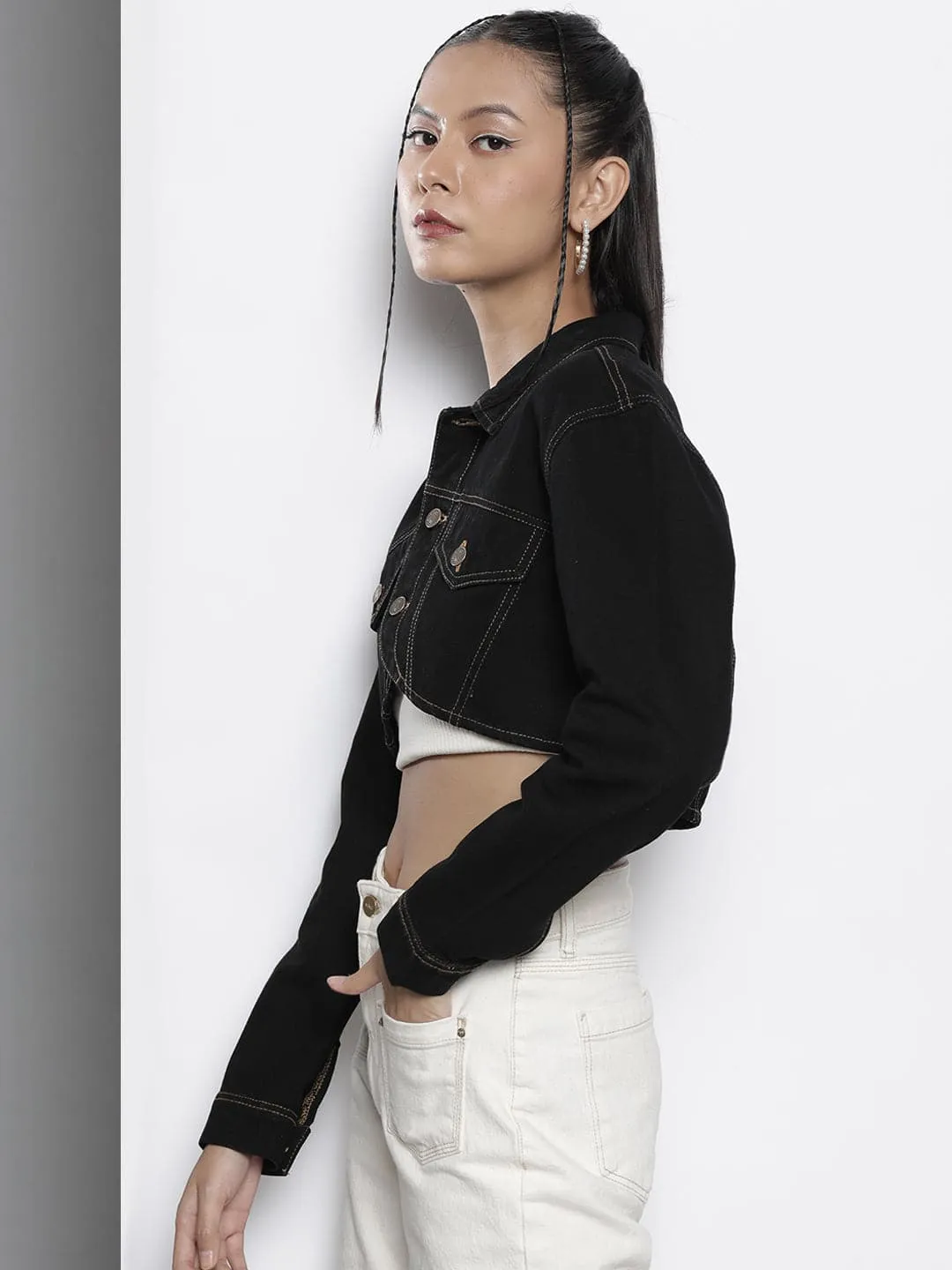 Women Black Washed Denim Crop Jacket