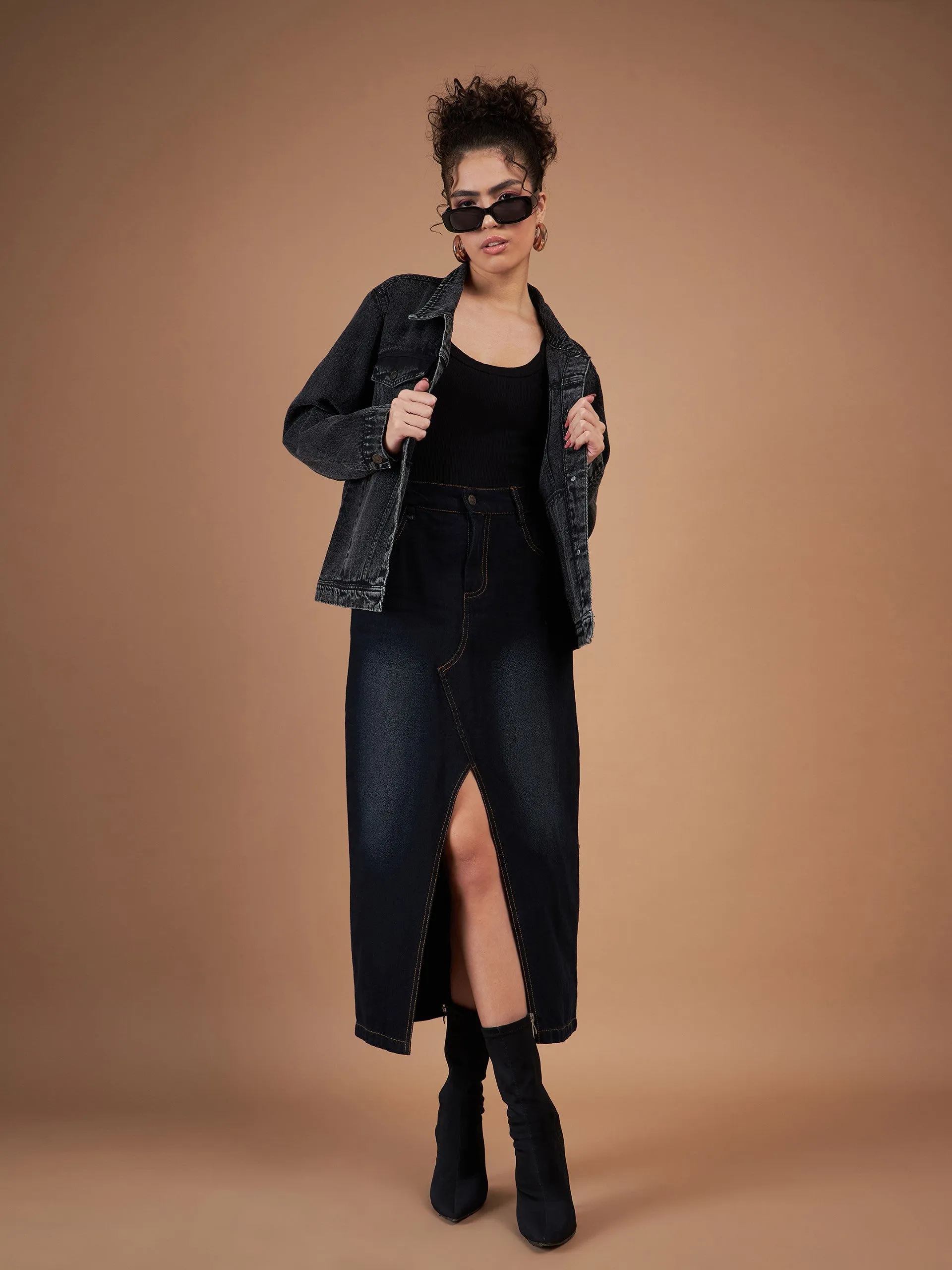 Women Black Washed Denim Regular Jacket