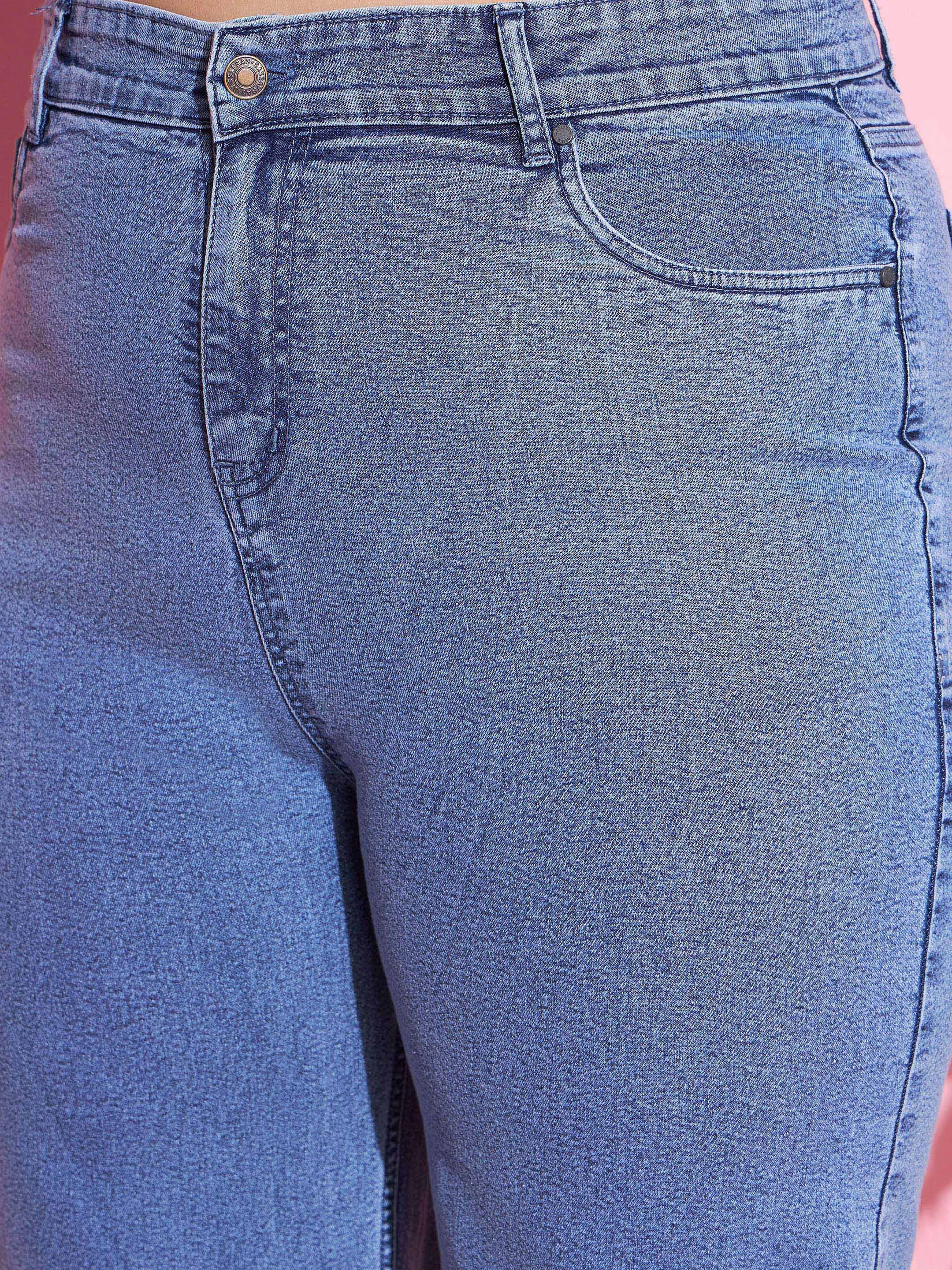 Women Blue Acid Wash Denim Straight Jeans