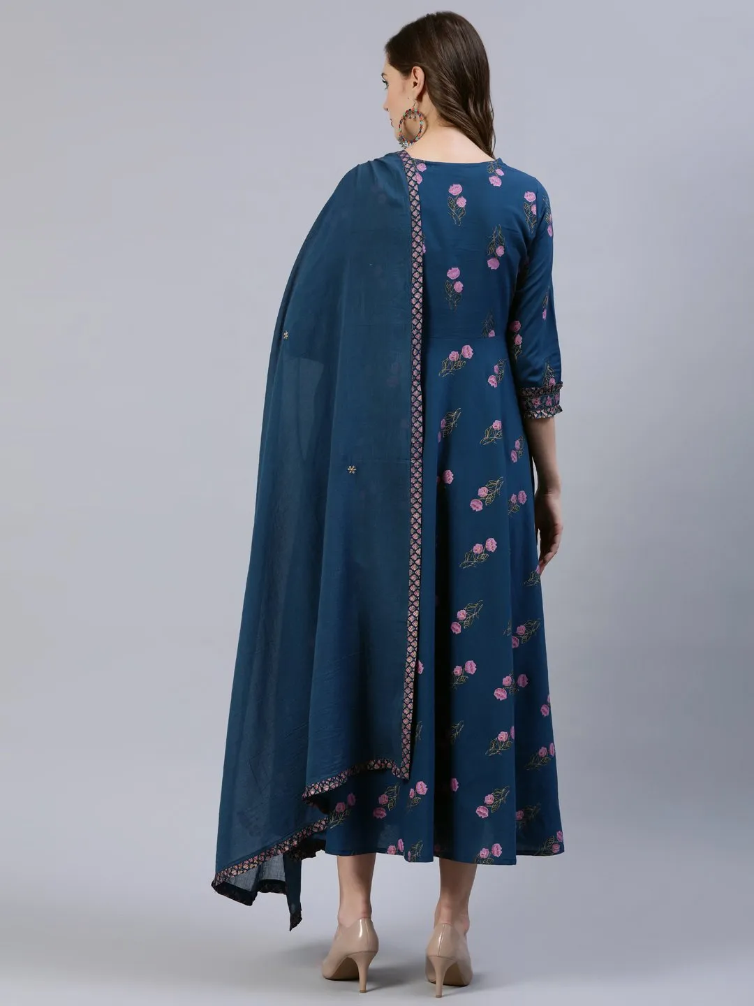 Women Blue Floral Printed Dress With Embroidered Dupatta