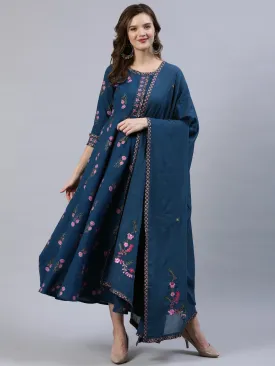 Women Blue Floral Printed Dress With Embroidered Dupatta