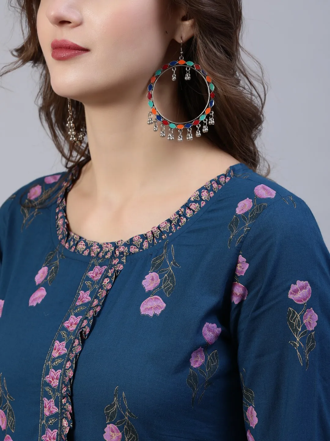 Women Blue Floral Printed Dress With Embroidered Dupatta