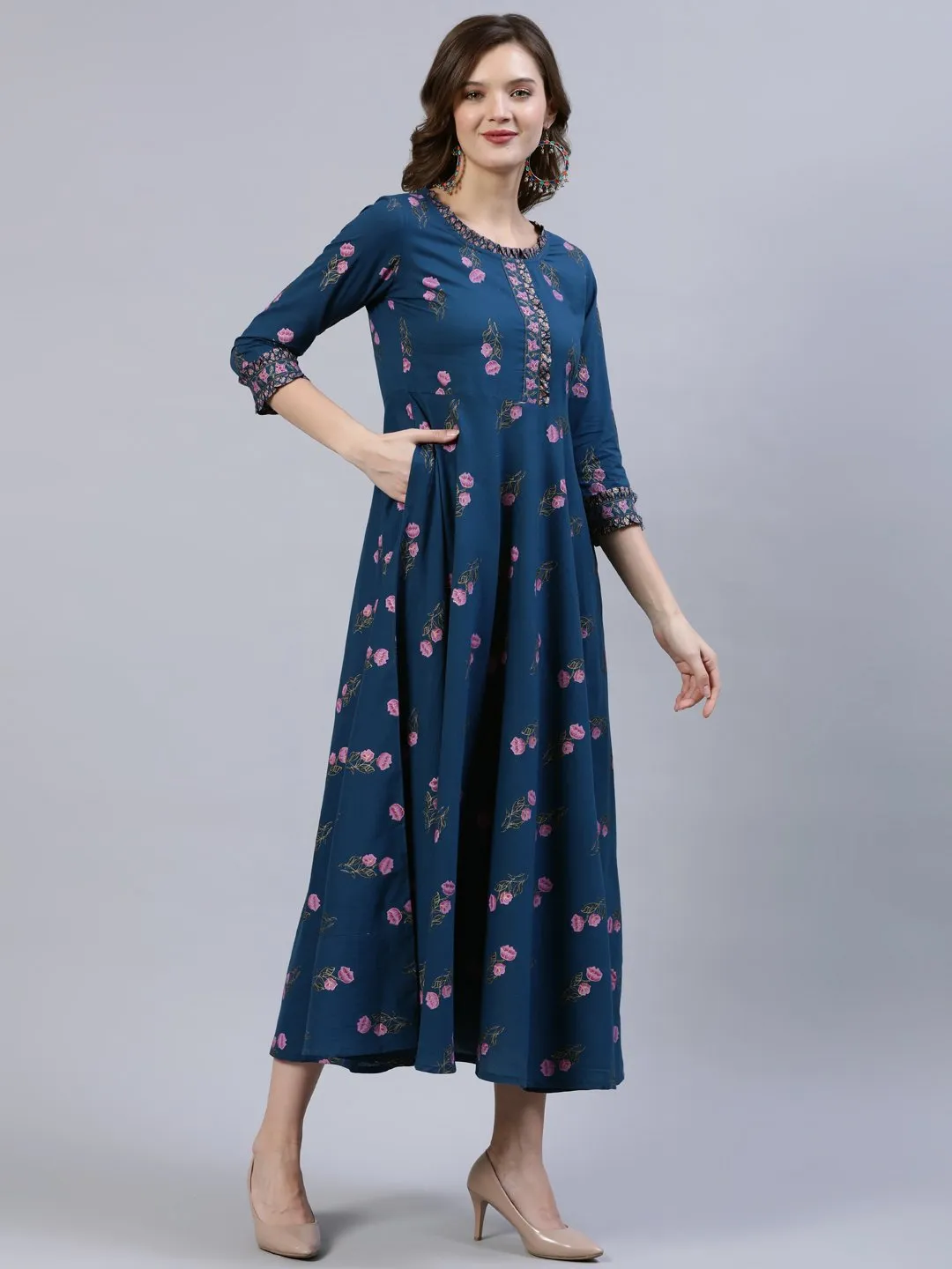 Women Blue Floral Printed Dress With Embroidered Dupatta