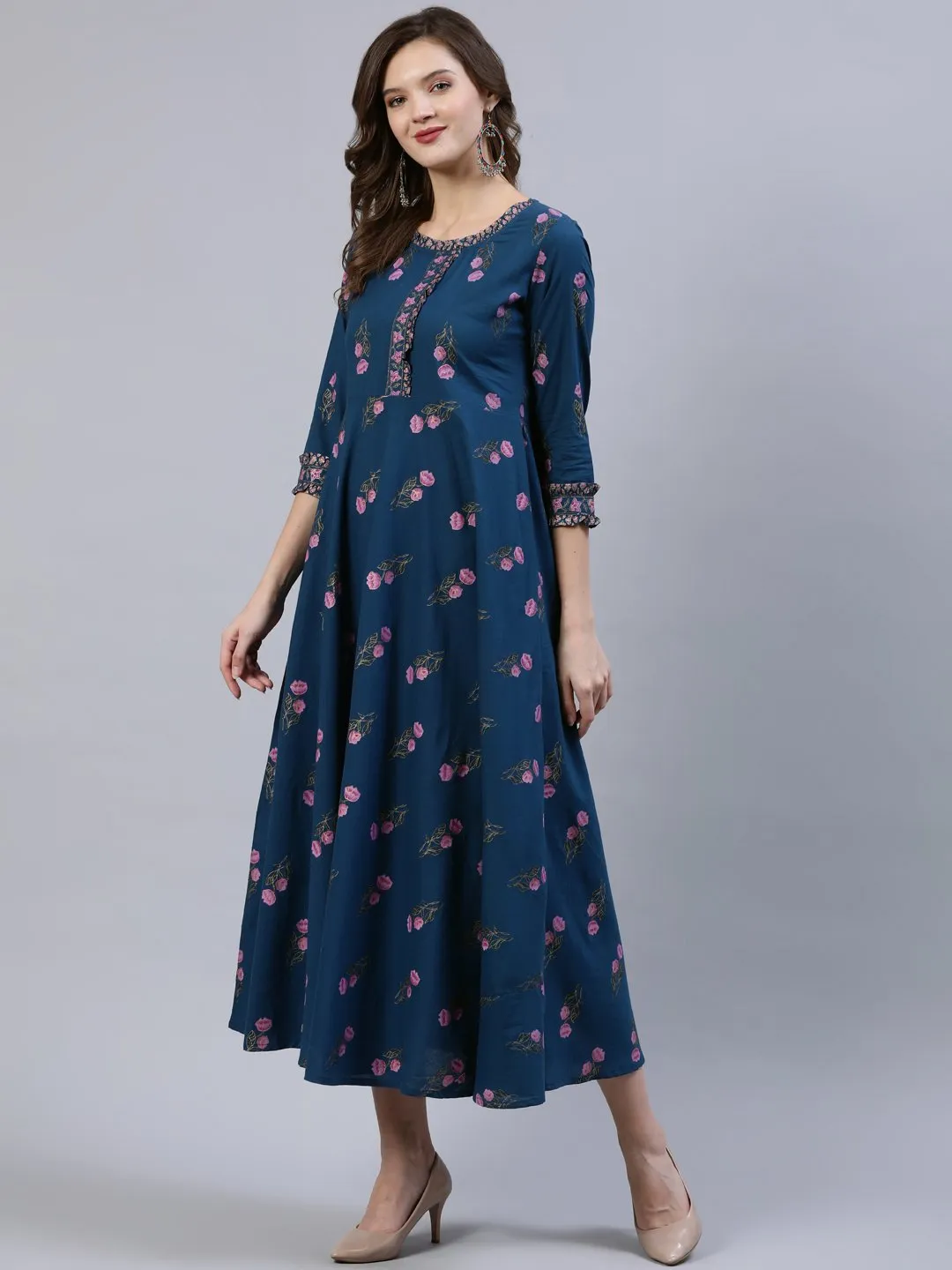 Women Blue Floral Printed Dress With Embroidered Dupatta