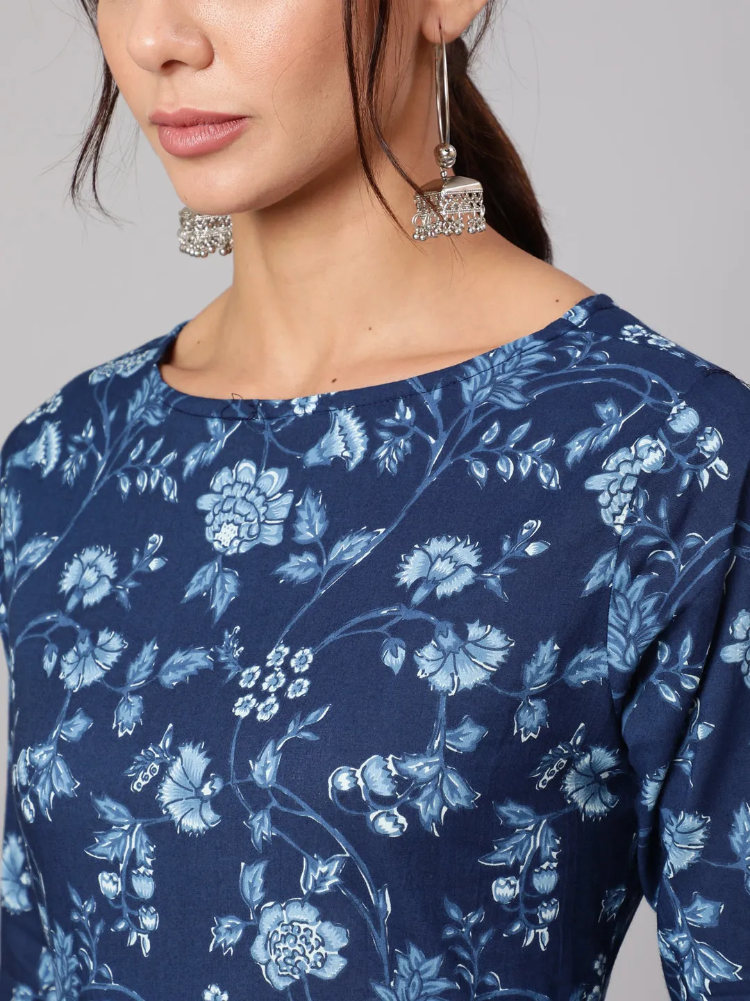 Women Blue Floral Printed Flared Dress With Three Quarter Sleeves