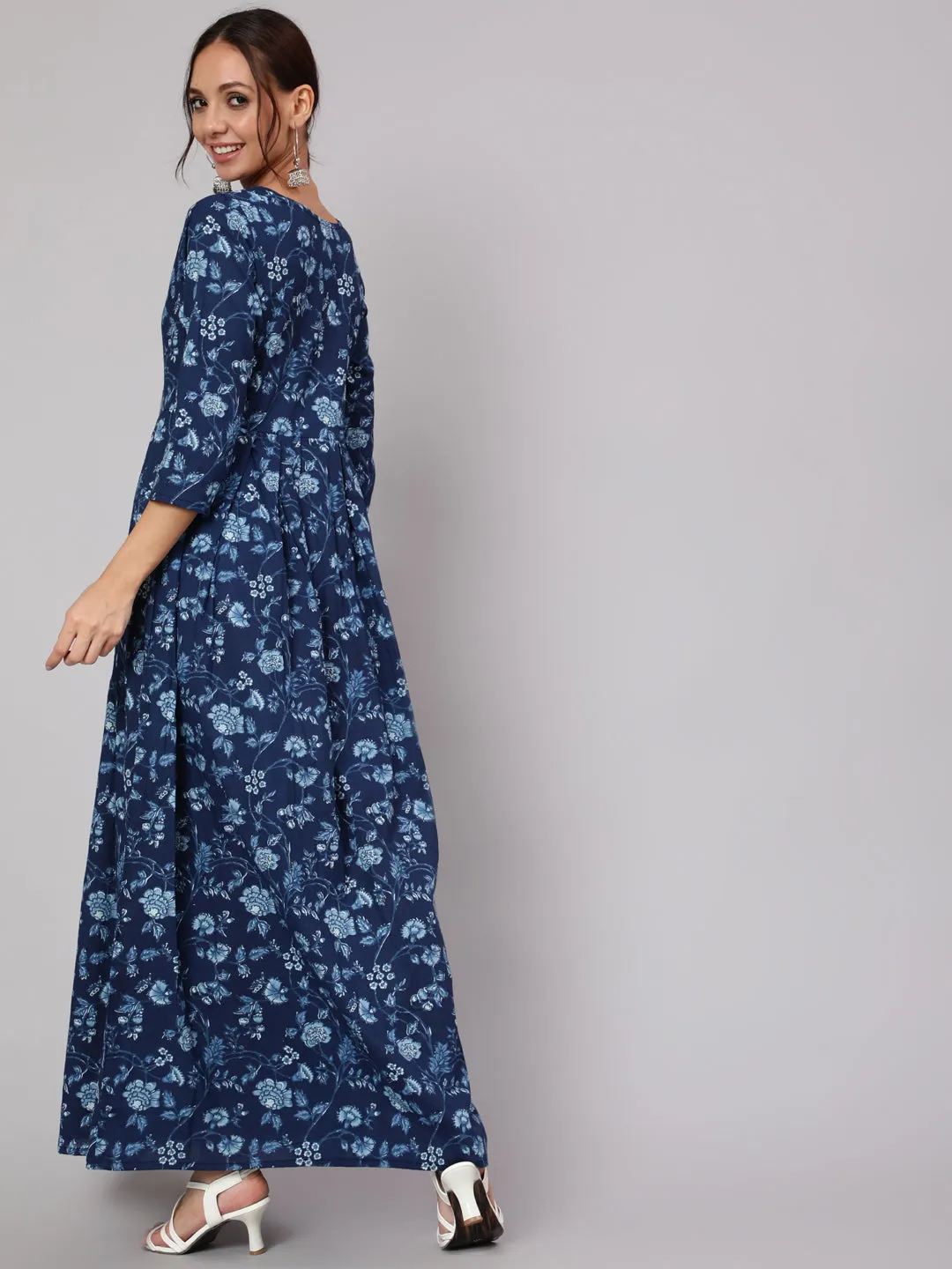 Women Blue Floral Printed Flared Dress With Three Quarter Sleeves