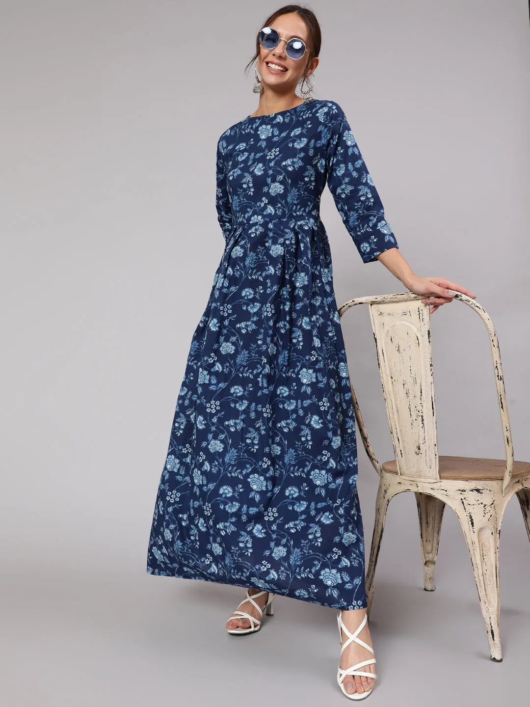 Women Blue Floral Printed Flared Dress With Three Quarter Sleeves