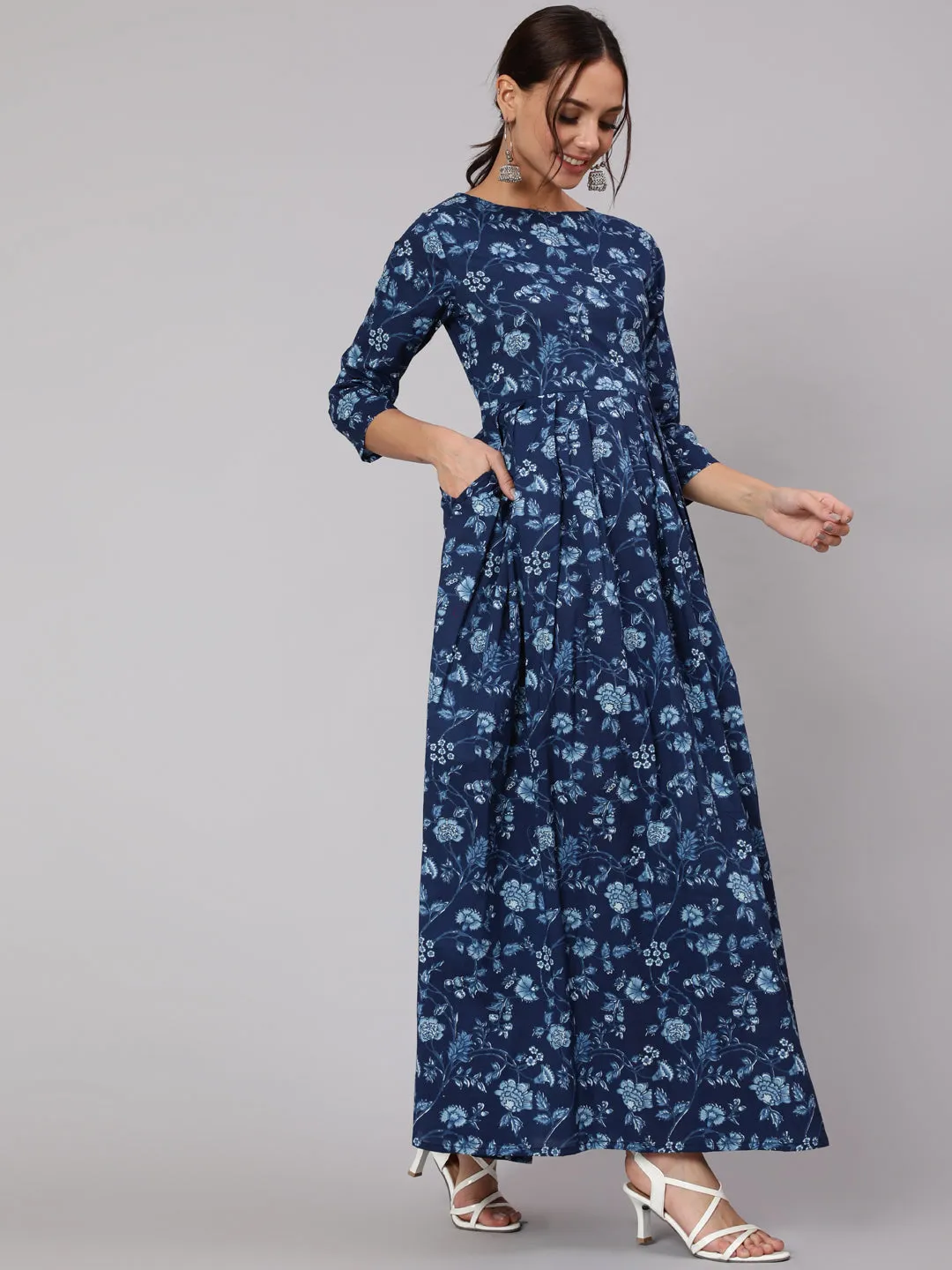 Women Blue Floral Printed Flared Dress With Three Quarter Sleeves