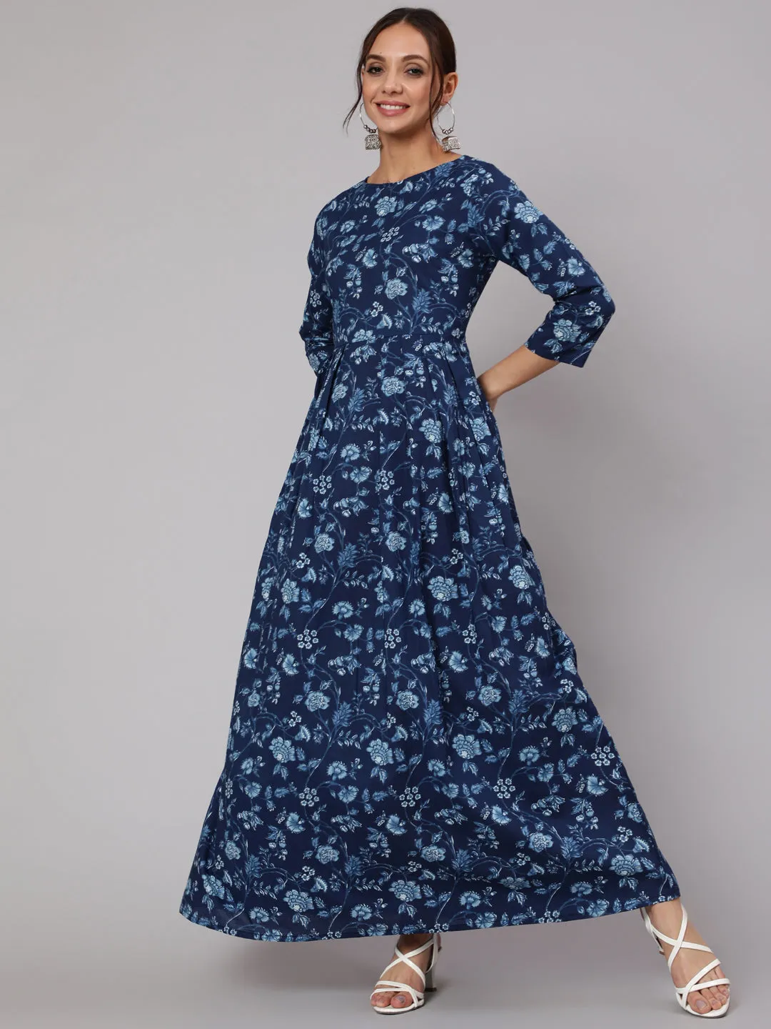 Women Blue Floral Printed Flared Dress With Three Quarter Sleeves