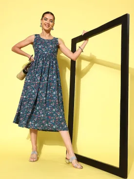 Women Blue Floral Printed Sleeveless Dress