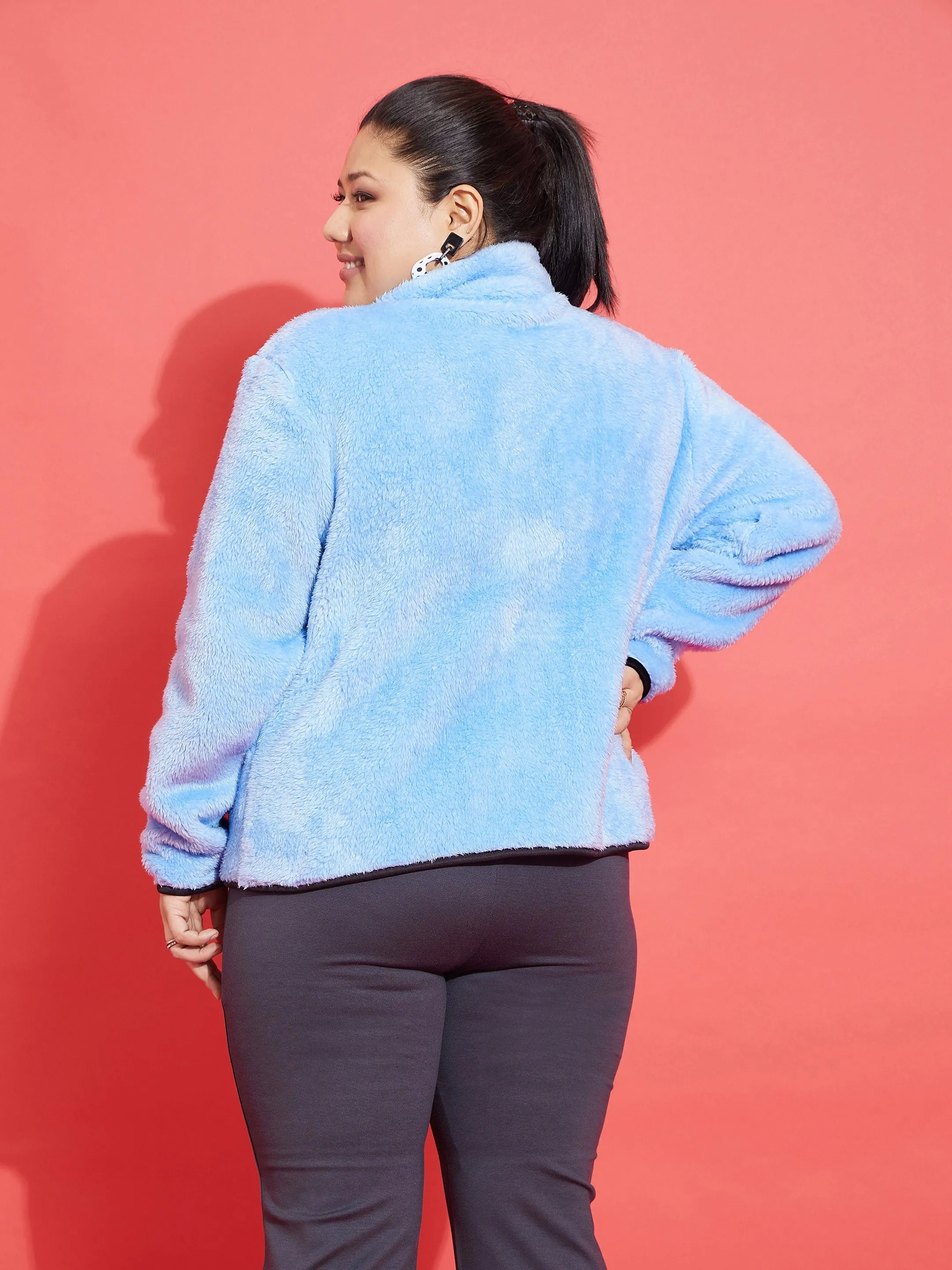 Women Blue Fur Contrast Piping Zipper Jacket