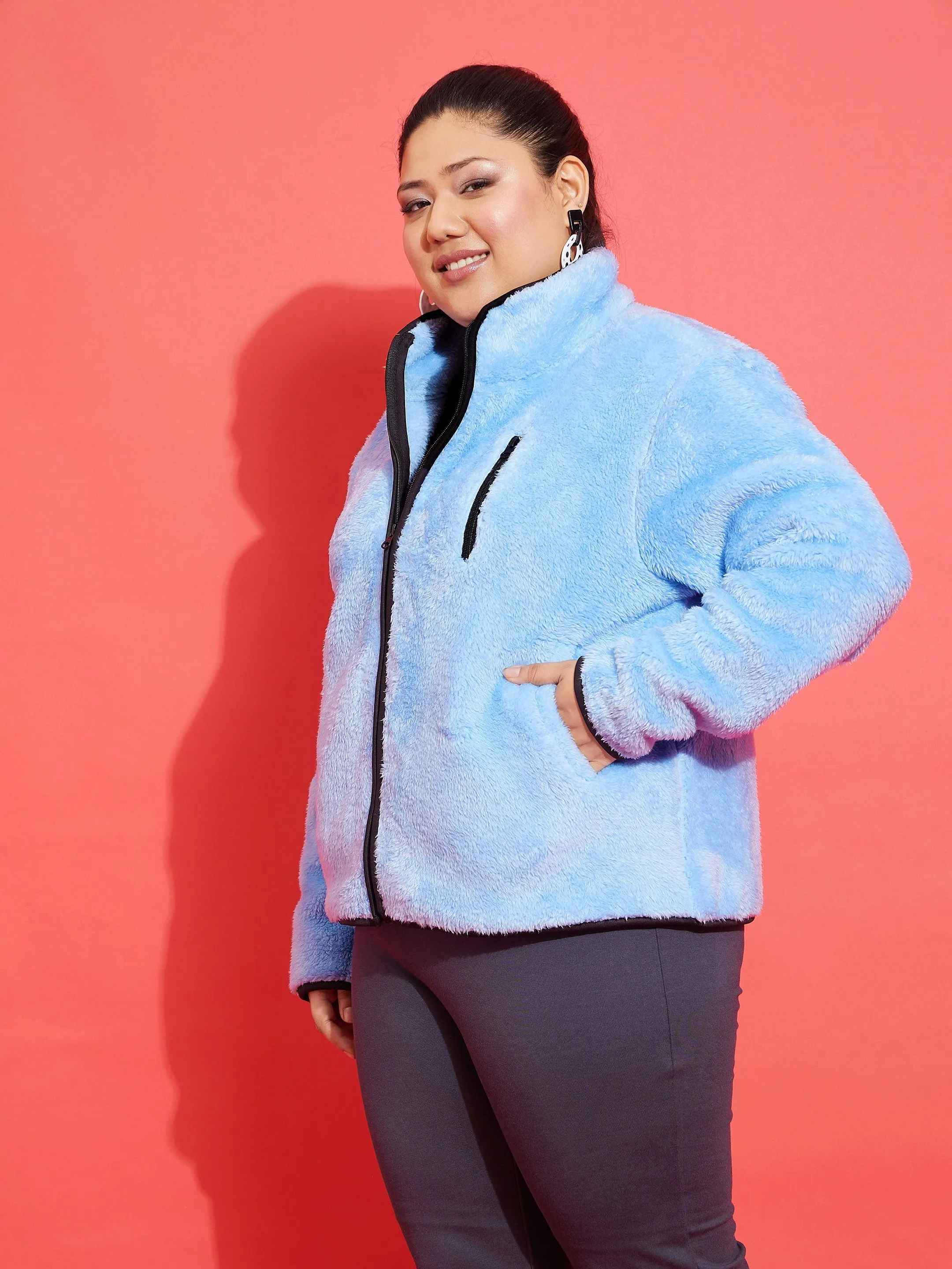 Women Blue Fur Contrast Piping Zipper Jacket