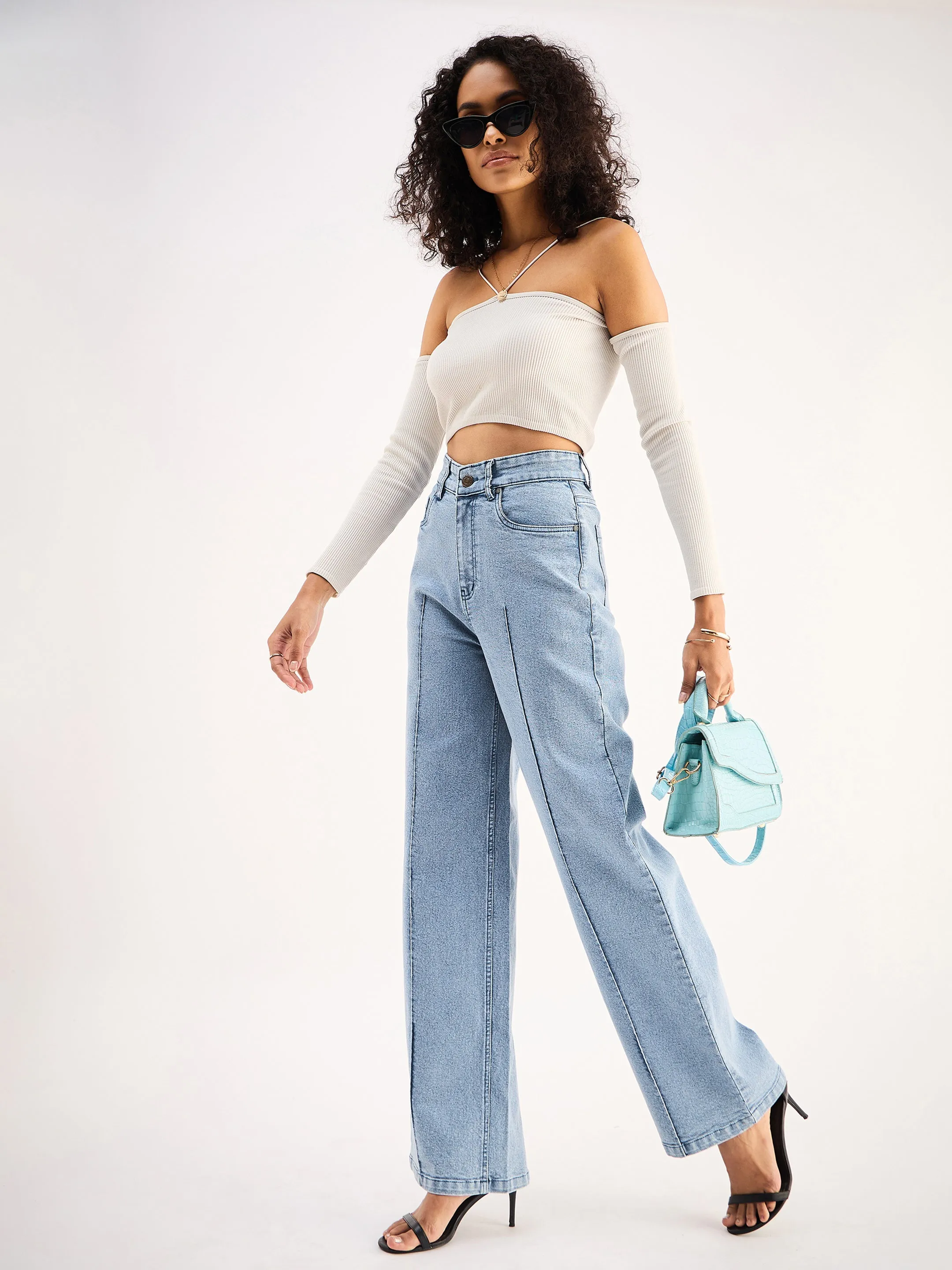 Women Blue High Waist Front Dart Straight Jeans