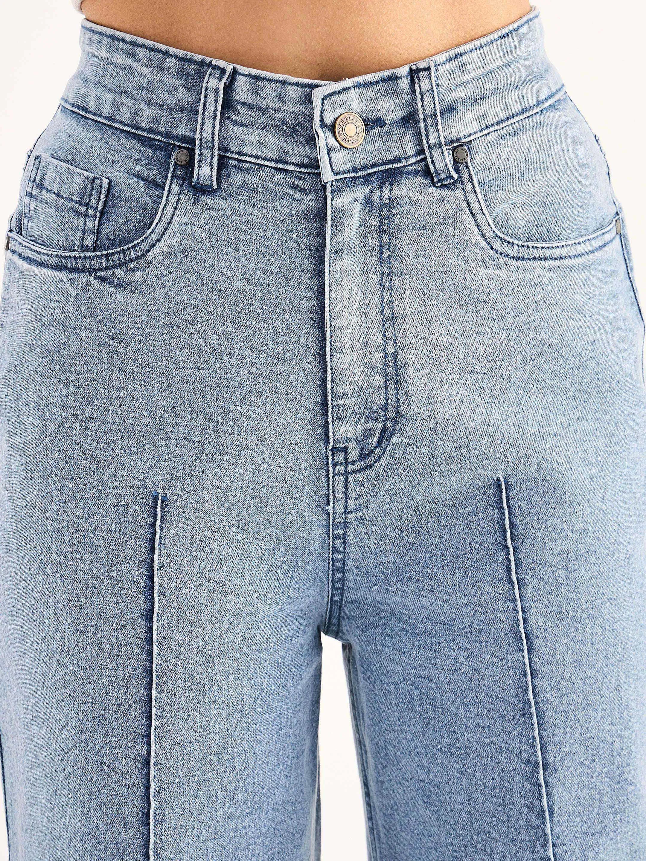 Women Blue High Waist Front Dart Straight Jeans