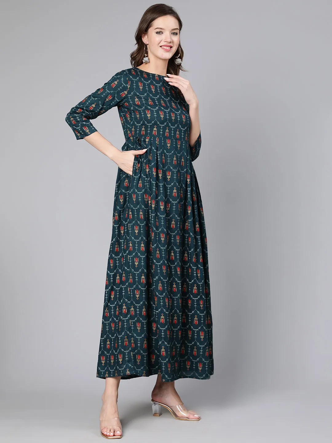 Women Blue Printed Flared Dress With Three Quarter Sleeves