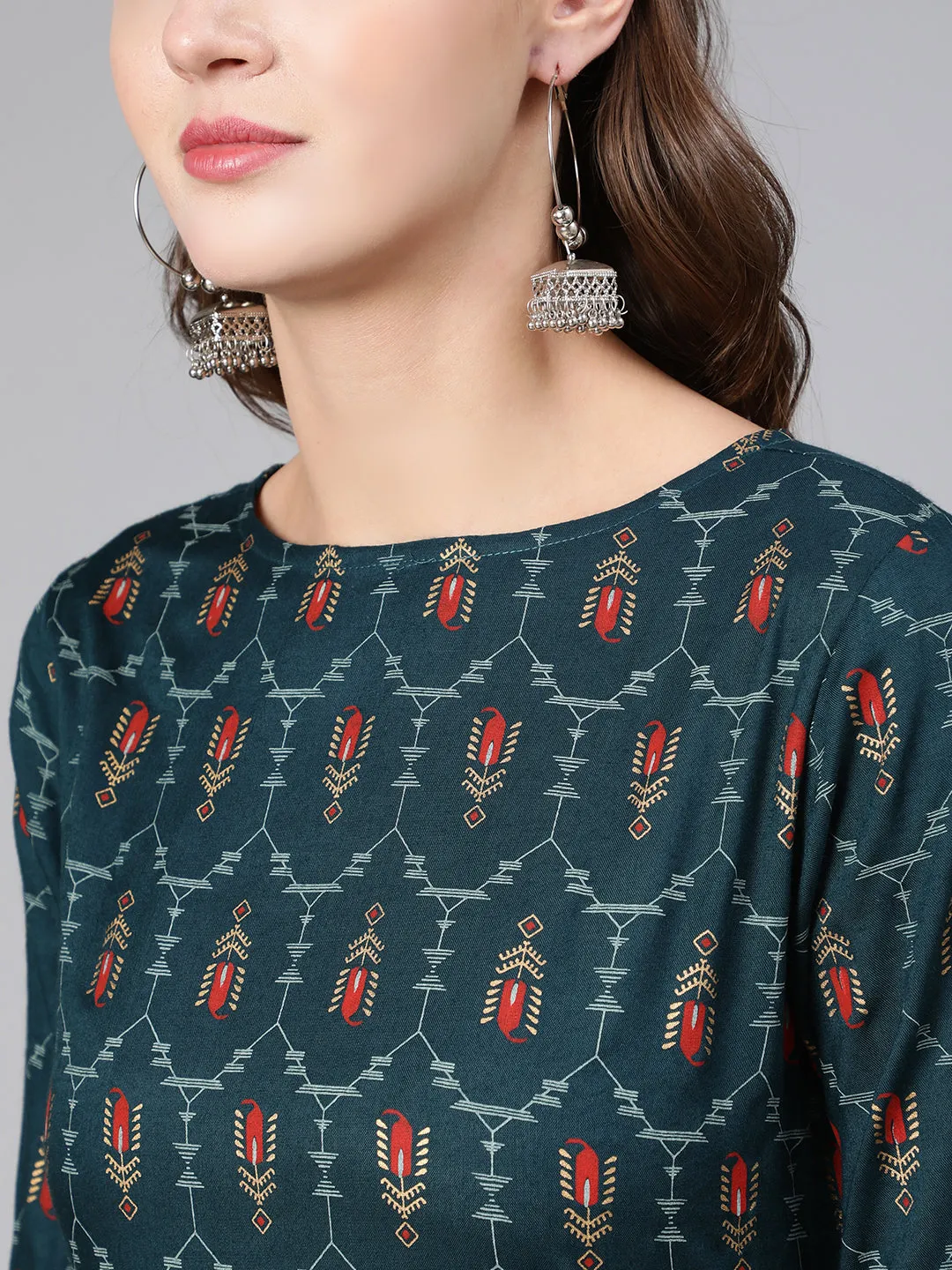 Women Blue Printed Flared Dress With Three Quarter Sleeves