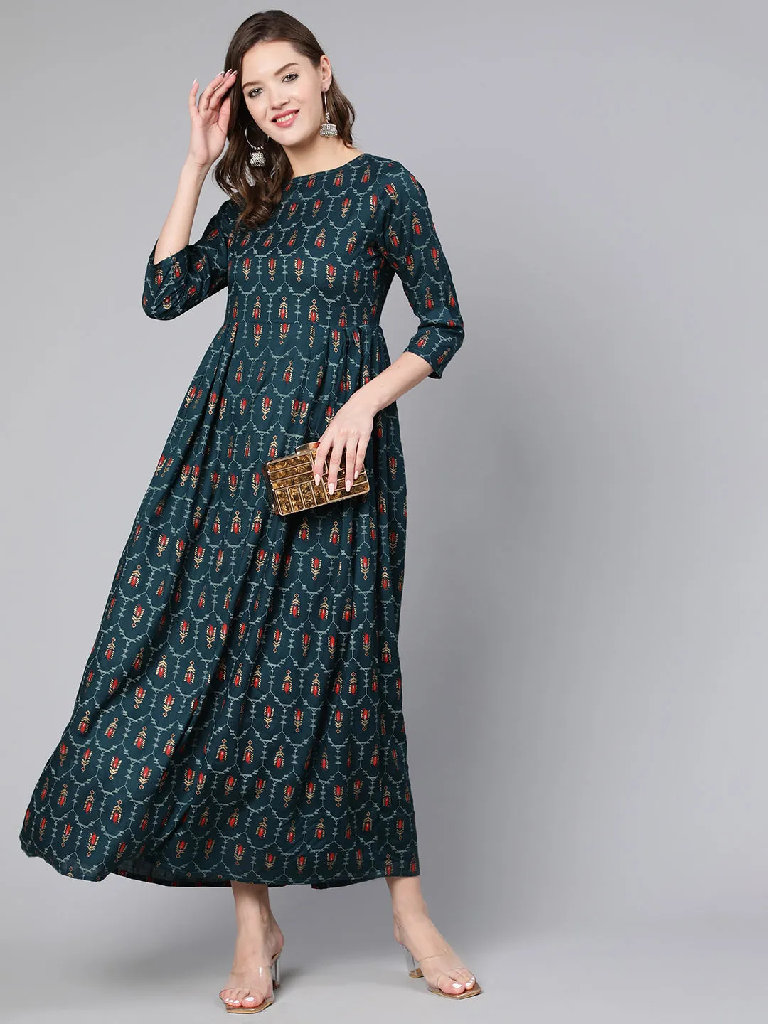 Women Blue Printed Flared Dress With Three Quarter Sleeves