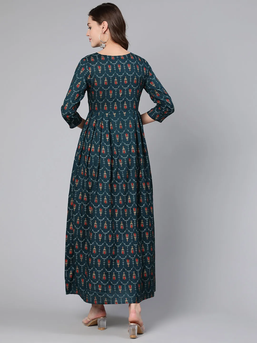 Women Blue Printed Flared Dress With Three Quarter Sleeves