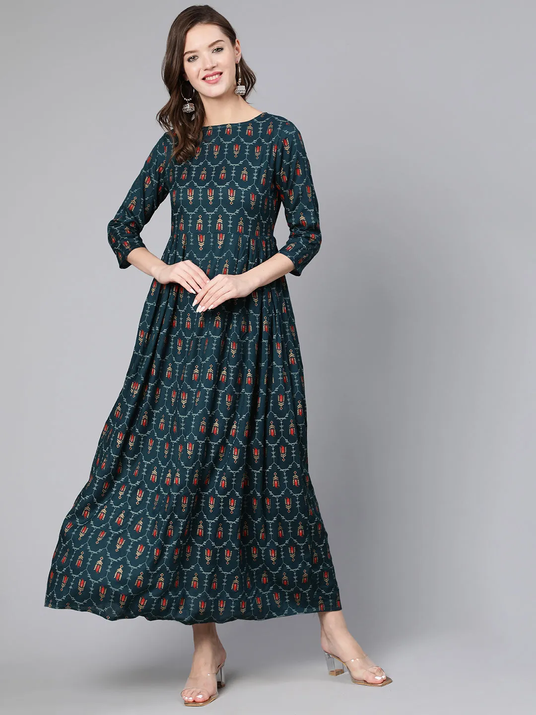 Women Blue Printed Flared Dress With Three Quarter Sleeves