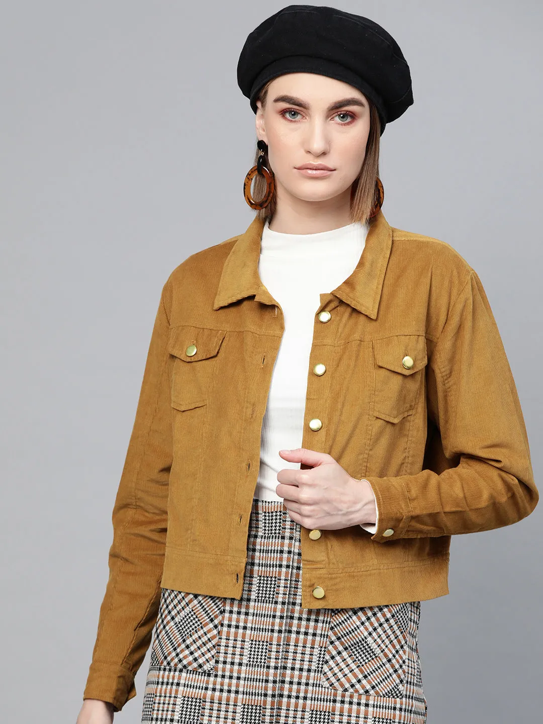 Women Brown Corduroy Bomber Jacket