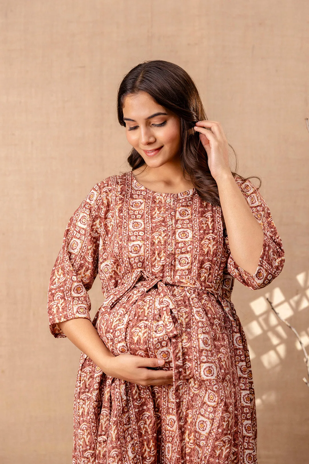 Women Brown Printed Flared Maternity Dress